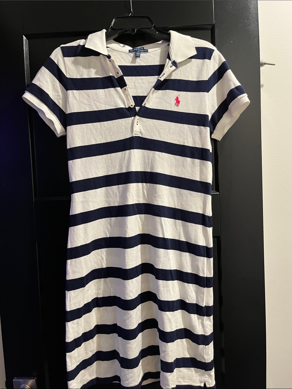 Ralph Lauren Navy & White Striped Polo Dress with Pink Pony